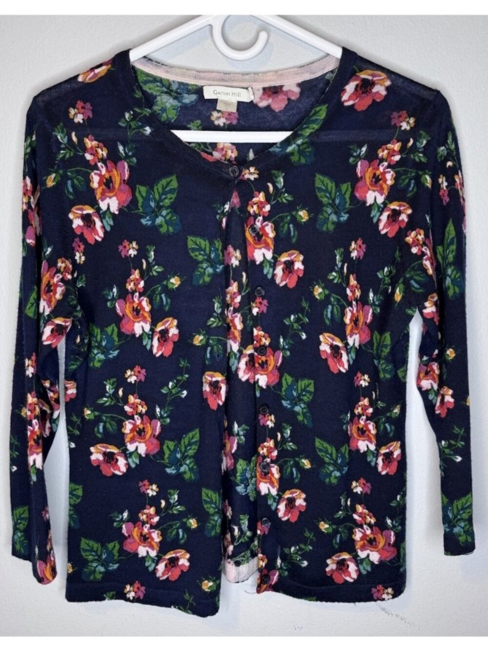 Garnet Hill Merino Wool Sweater Small Blue Floral Button Front Cardigan